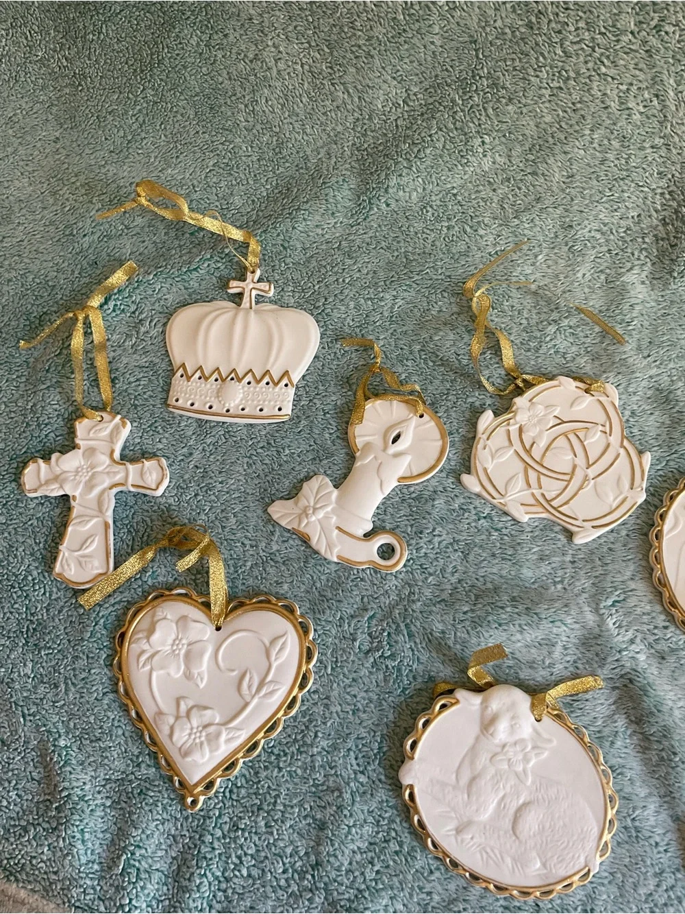 1974 Ceramic Christmas Religious Hanging Ornament Set 8 White/Gold